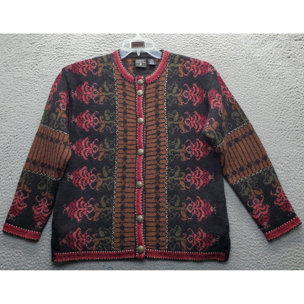 Vtg Nordic Design Cardigan Sweater Womens Petite PM Multi Wool Button Front EUC